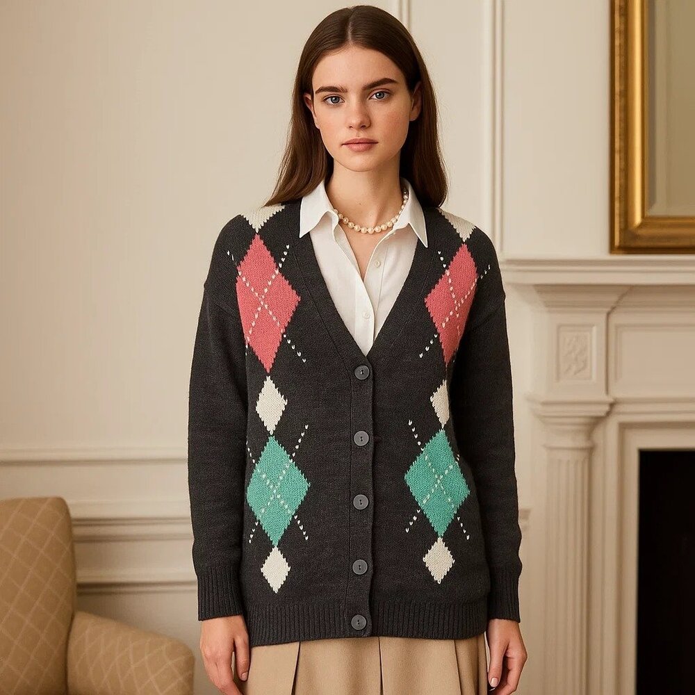 Vintage Maggie Lawrence Y2K Argyle Plaid Button Up Preppy Cardigan Sweater 14/16